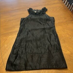London Times Black sleeveless high neck satin prom dress w/ ruffle  Sz 8 EUC
